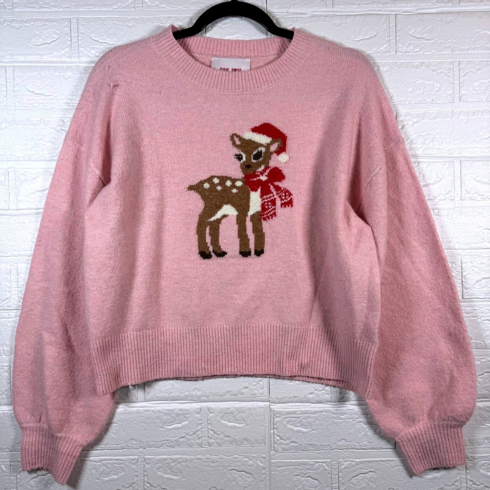 Pink Rose Reindeer Sweater Women XS Pink Christmas Holiday Intarsia Knit